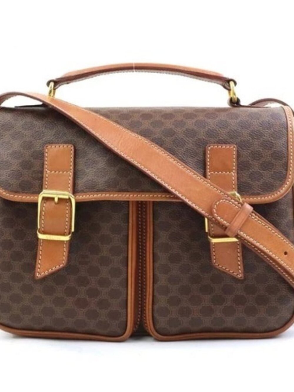 Auth CELINE Macadam Shoulder Bag Handbag Brown PVC/Leather/Goldtone - e61331a